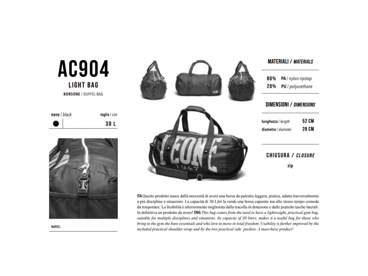 View our Leone 1947 sport bag LIGHT BAG AC904 at Barbarians Fight Wear